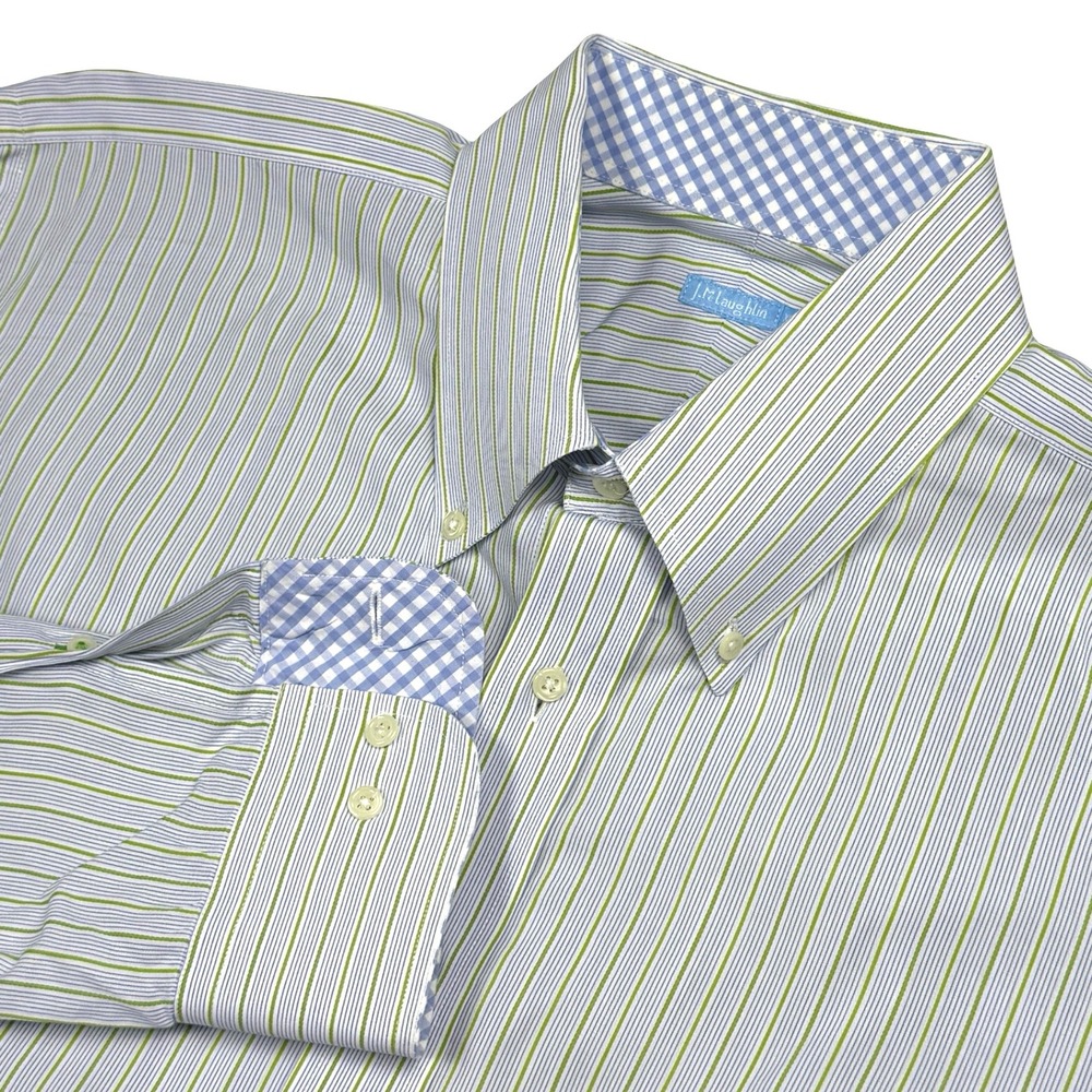 J. McLaughlin XL Green Blue Stripe‎ Button Down Shirt Gingham Flip Cuff